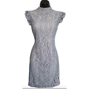 Tahari Blue Lace Sheath Dress 6 S Small Ruffle Cap Sleeve Mock Neck